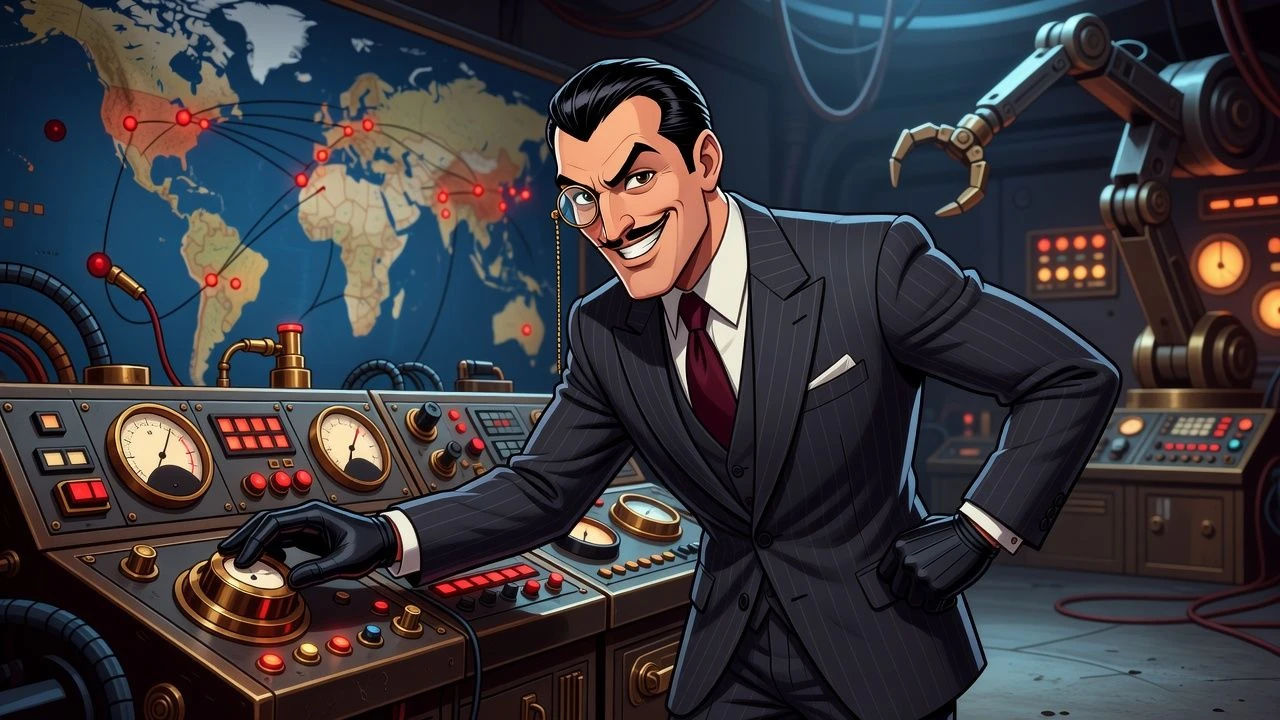 Suave cartoon mastermind adjusting a dial with a sly smile