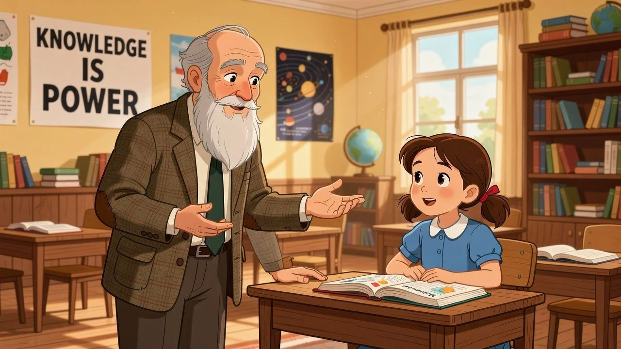 Cartoon elder teacher gesturing calmly to a young student