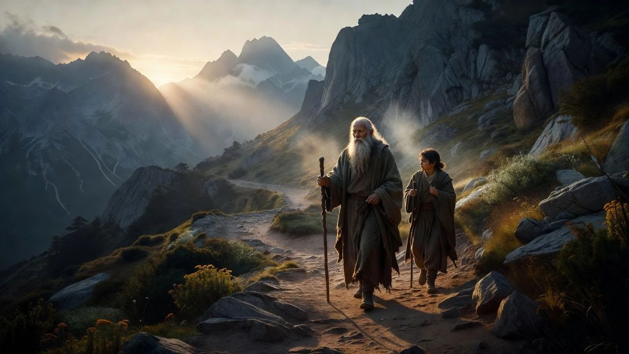 Old master and apprentice on a mountain path at dawn