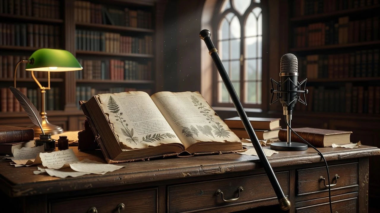 Open book and staff on a desk beside a microphone