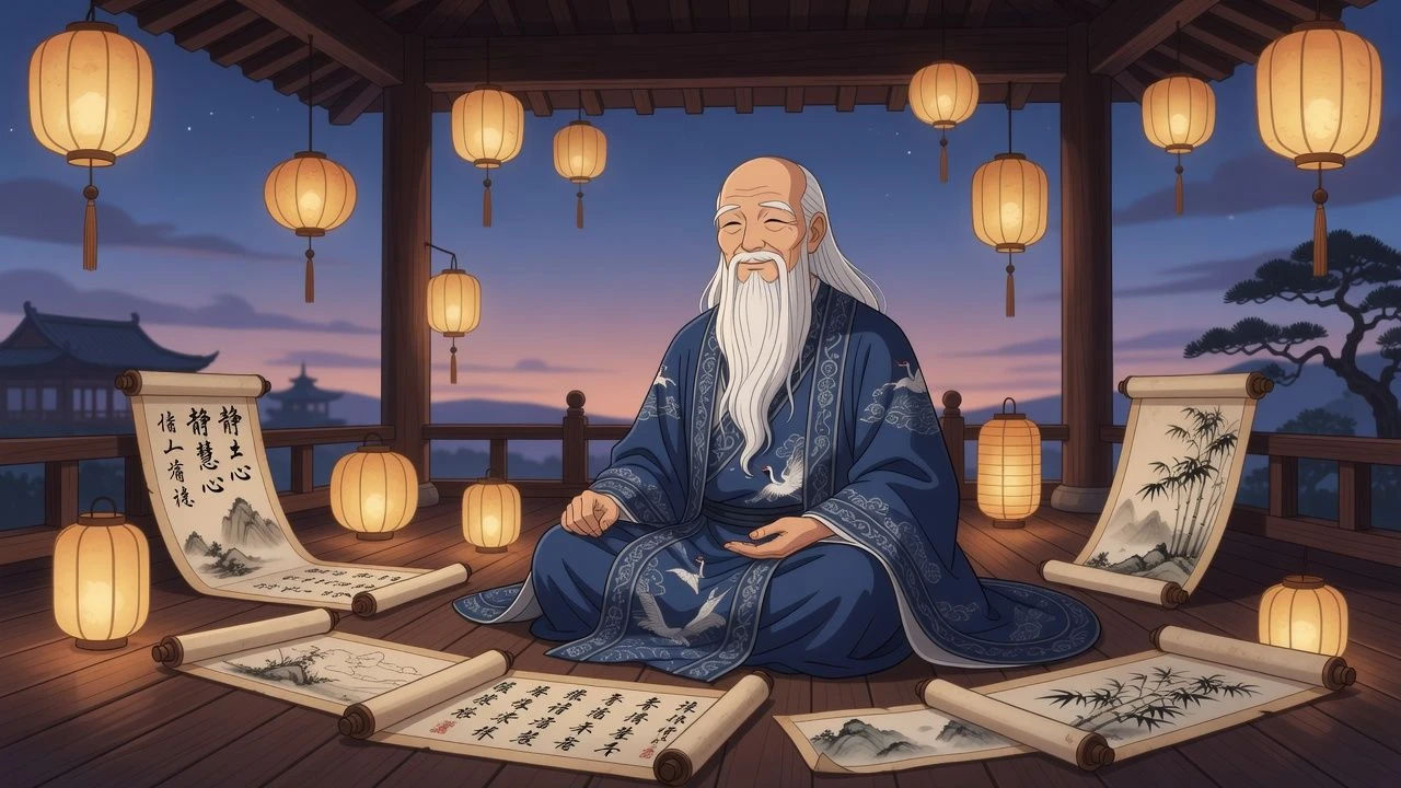 Serene cartoon sage seated among lanterns and scrolls