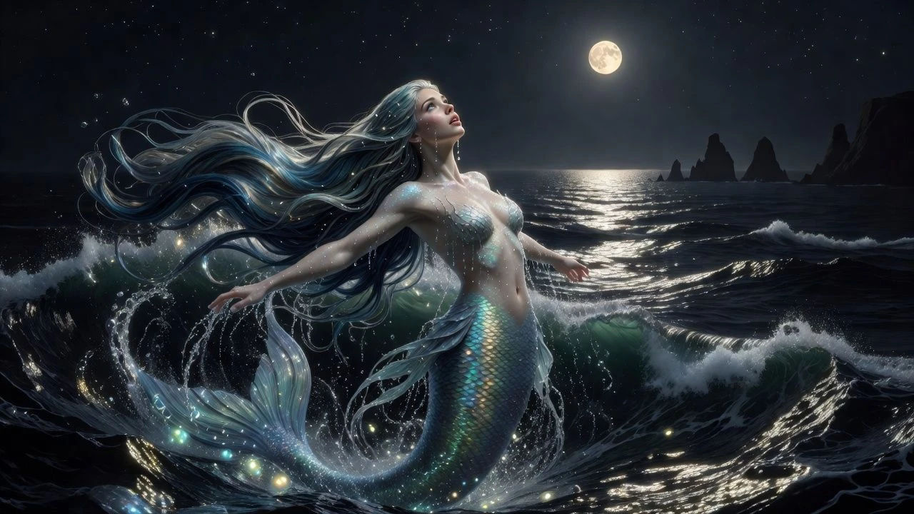 Mermaid surfacing among moonlit waves, hair streaming
