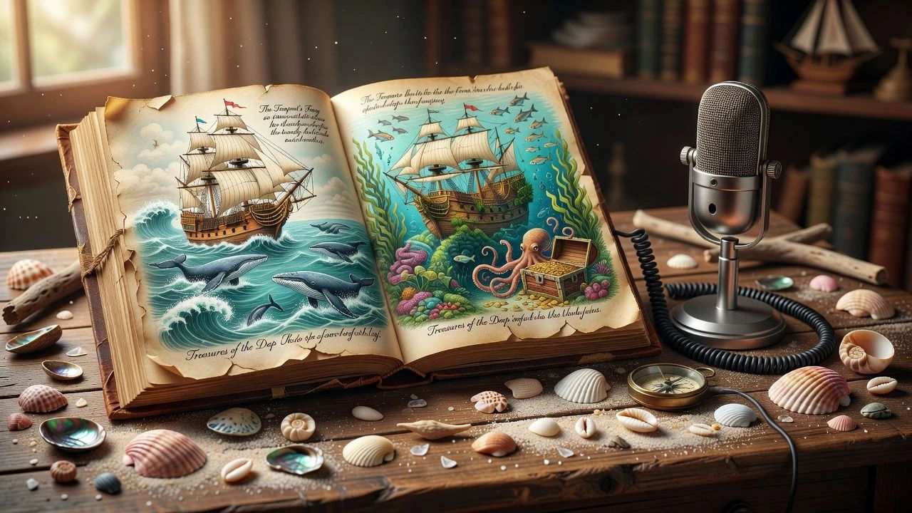Ocean storybook pages beside a microphone on a shell-strewn desk