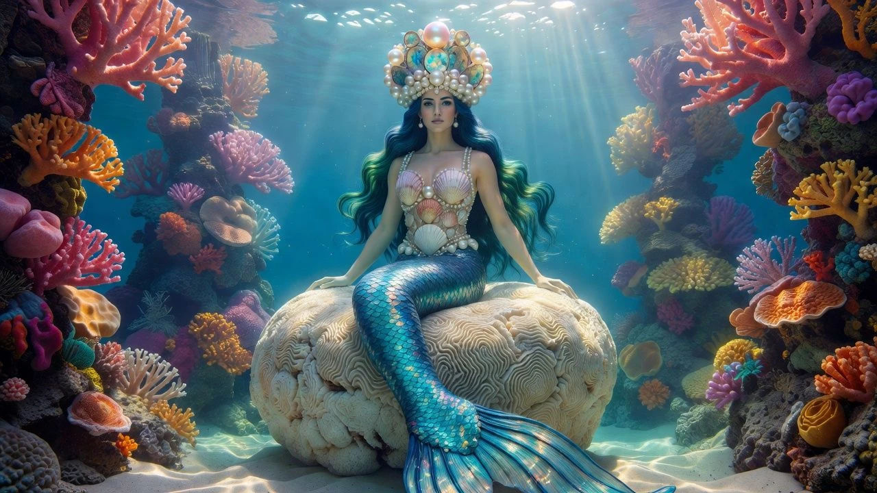 Regal mermaid queen crowned with pearls in a coral hall