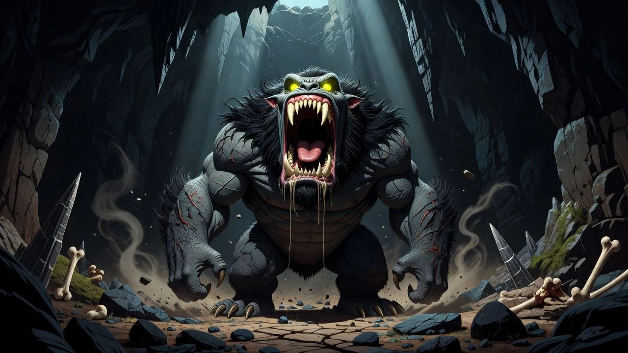 Hulking cartoon beast mid-roar in a dark cavern