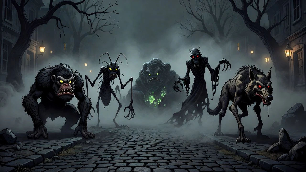 Row of shadowy cartoon monsters lurking in fog