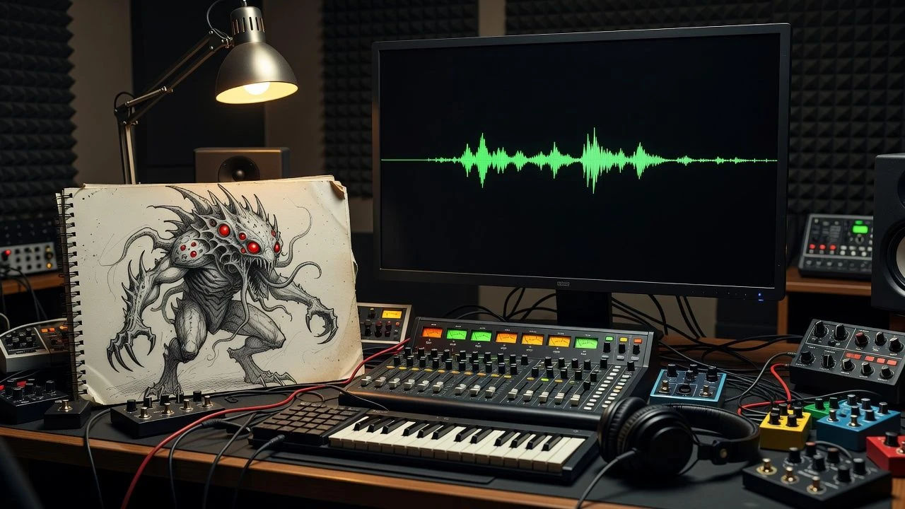 Sound design desk with a monster concept sketch and waveform screen