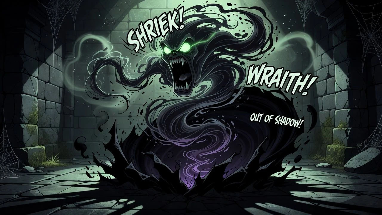 Shrieking cartoon wraith swirling out of shadow