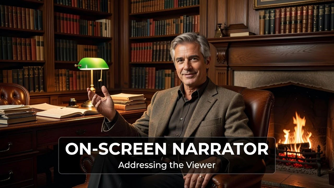 On-screen narrator figure addressing the viewer in a warm study