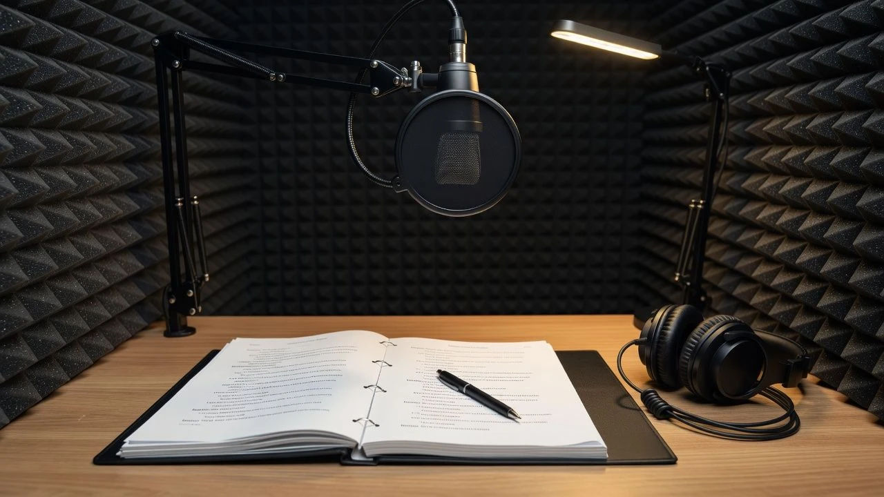 Audiobook studio with a script and pop filter