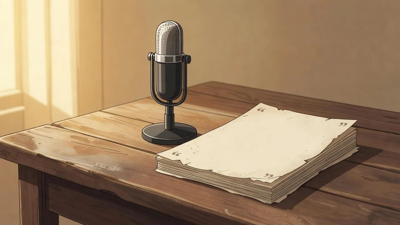 Manuscript pages beside a microphone under soft light