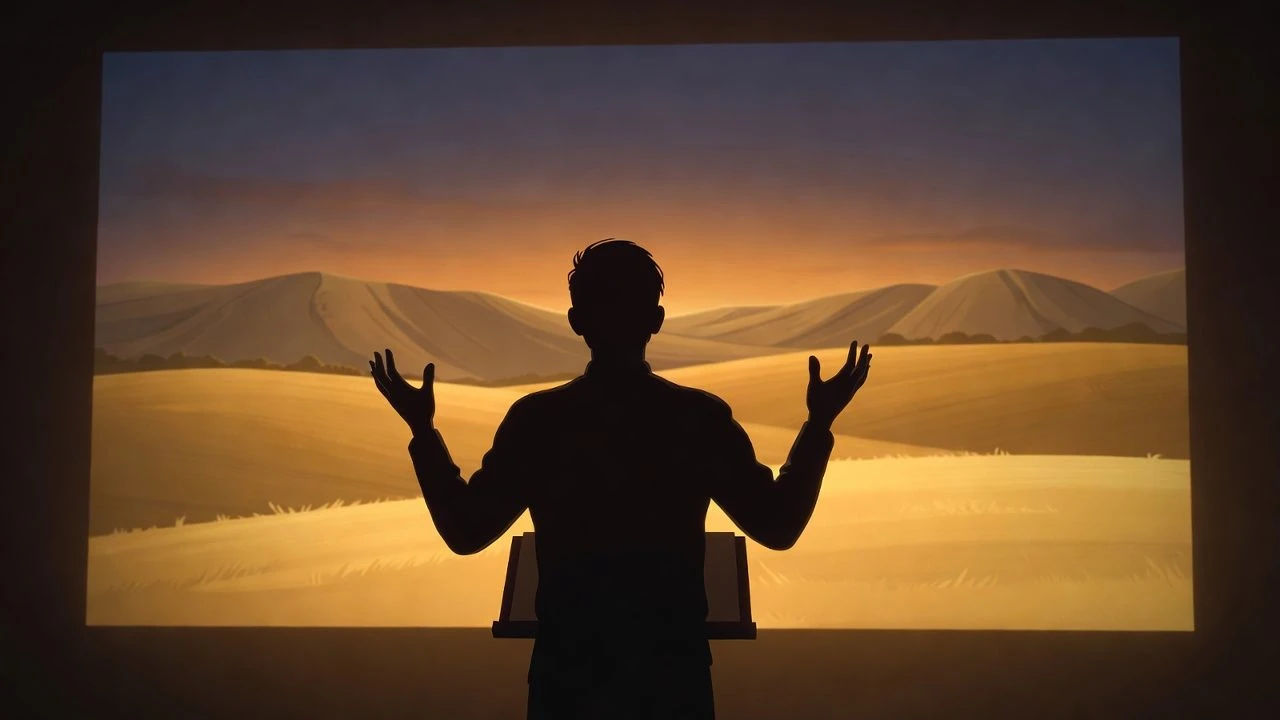Storyteller silhouette against a projected landscape