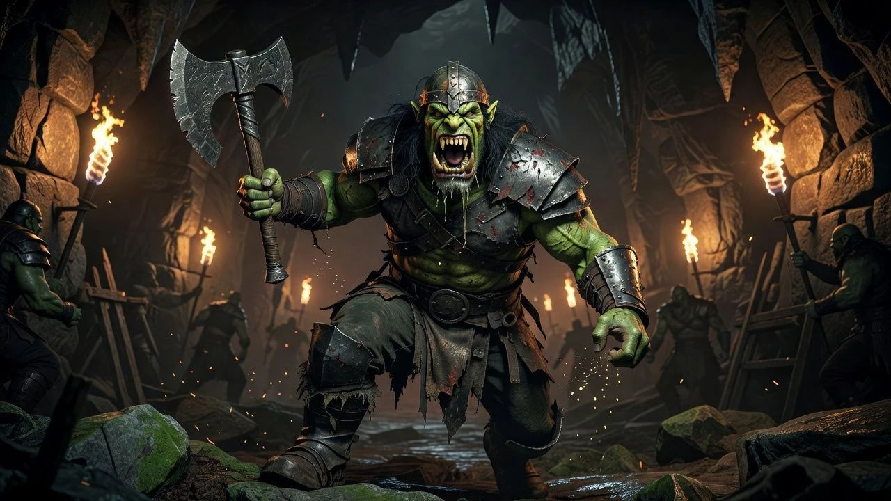 Snarling green-skinned orc warrior mid-shout in torchlight