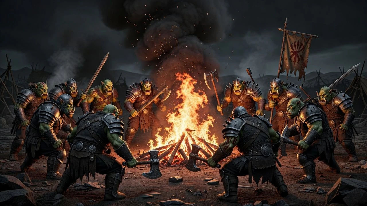 Group of armored orcs gathered around a war fire