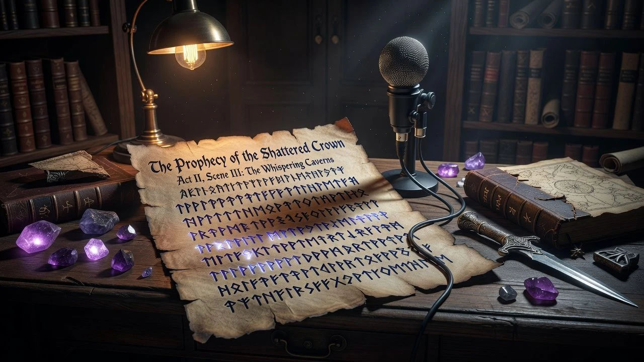 Fantasy game script beside a microphone on a dark desk