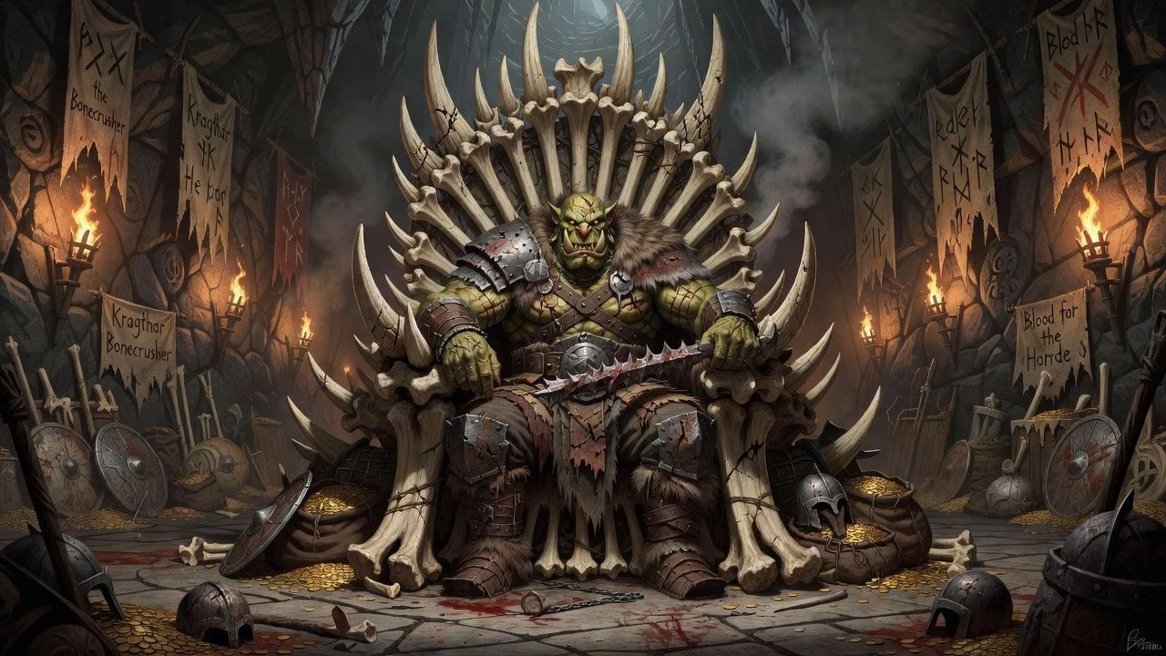 Hulking orc chieftain seated on a bone throne