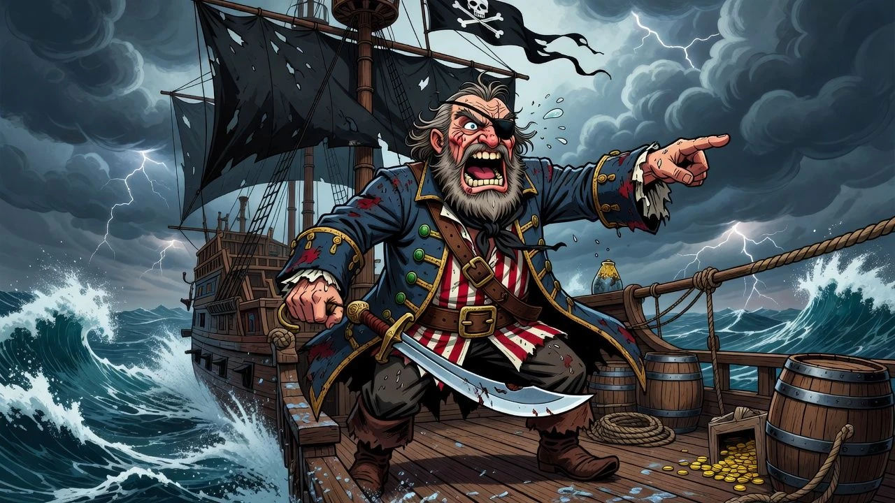 Cartoon pirate captain shouting from a ship deck at sea
