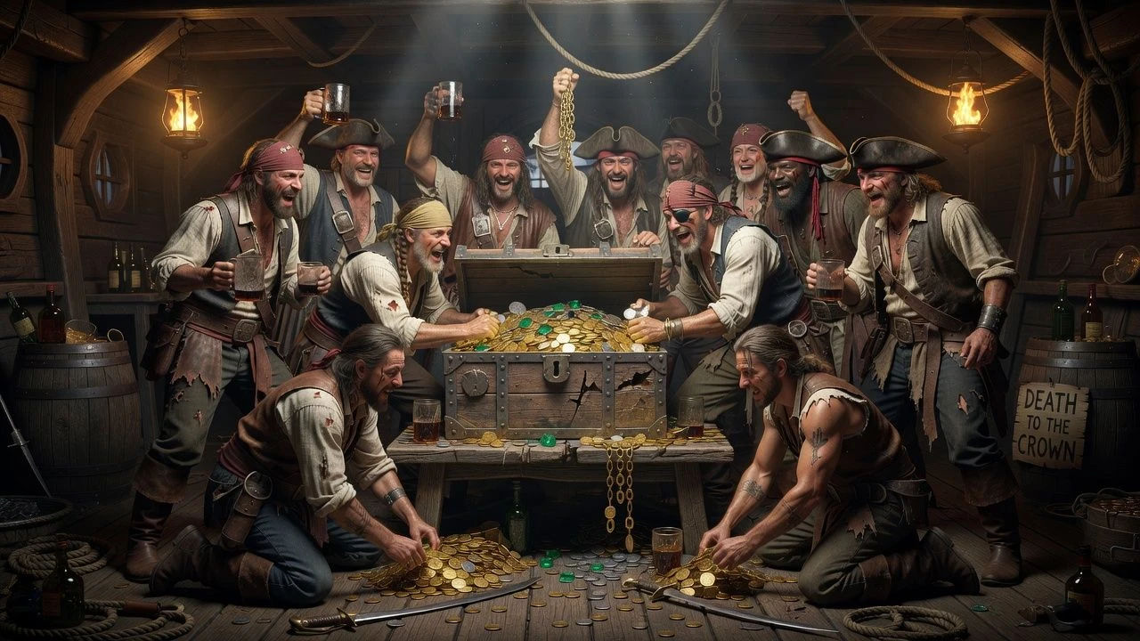 Rowdy pirate crew gathered around a treasure chest below deck