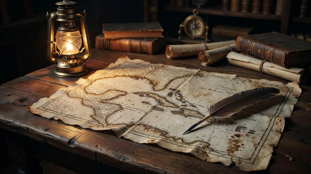 Weathered map and quill on a wooden table lit by lantern
