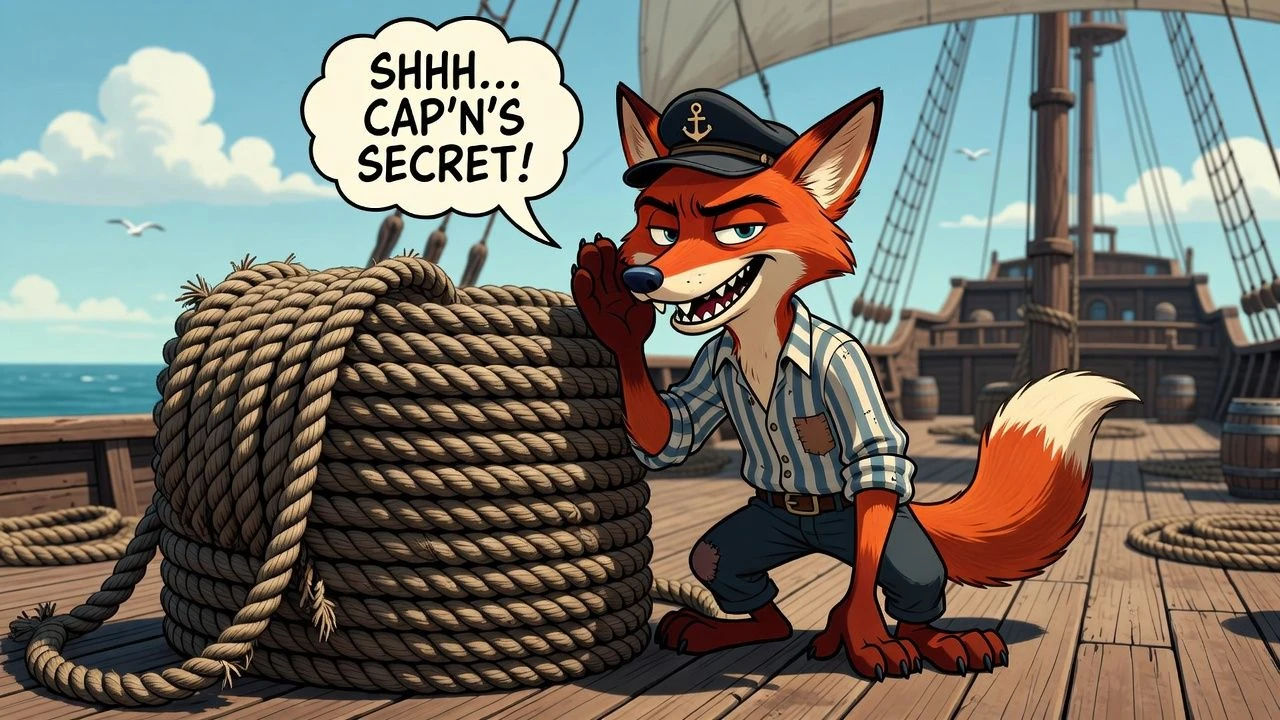 Sly cartoon deckhand whispering behind a coil of rope