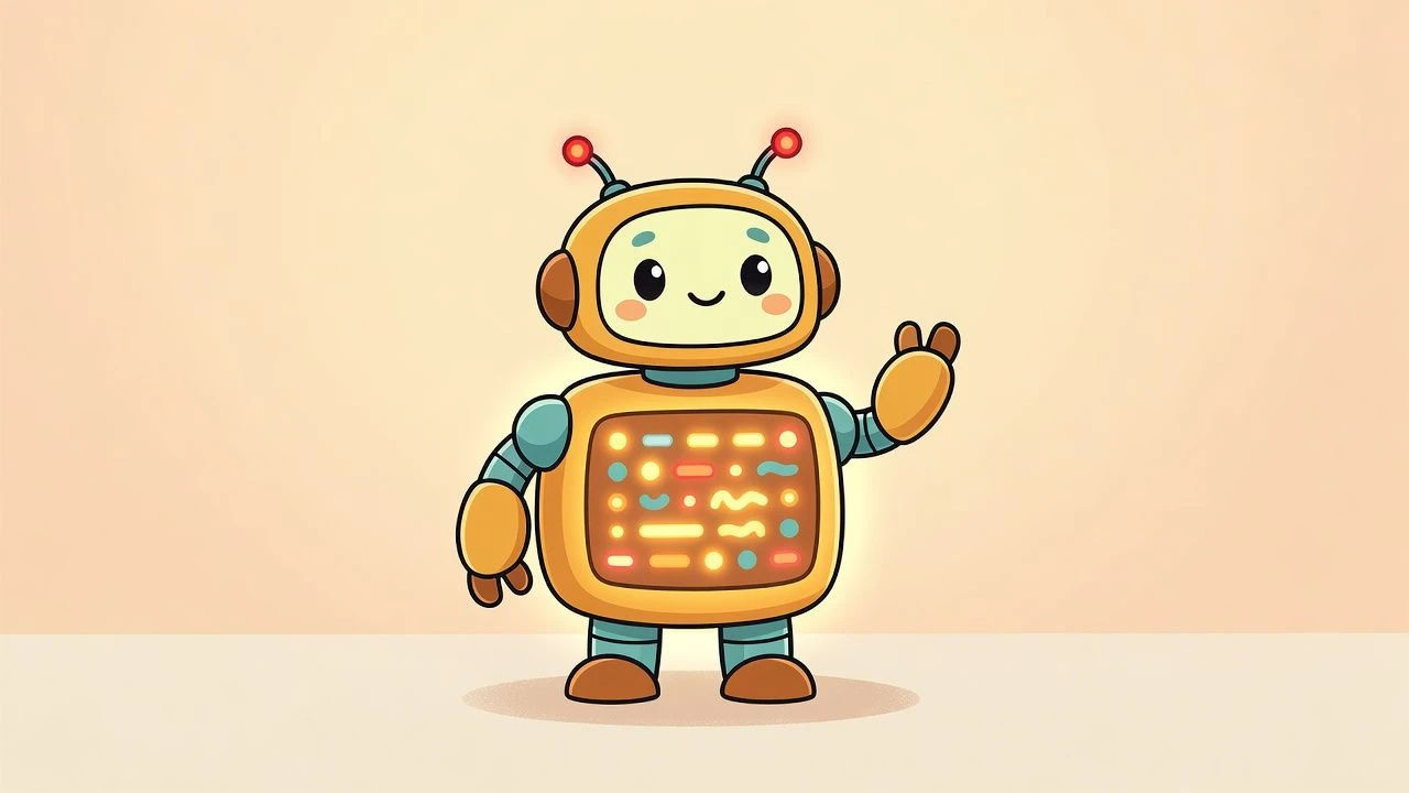 Cartoon beeping robot with a glowing panel of lights