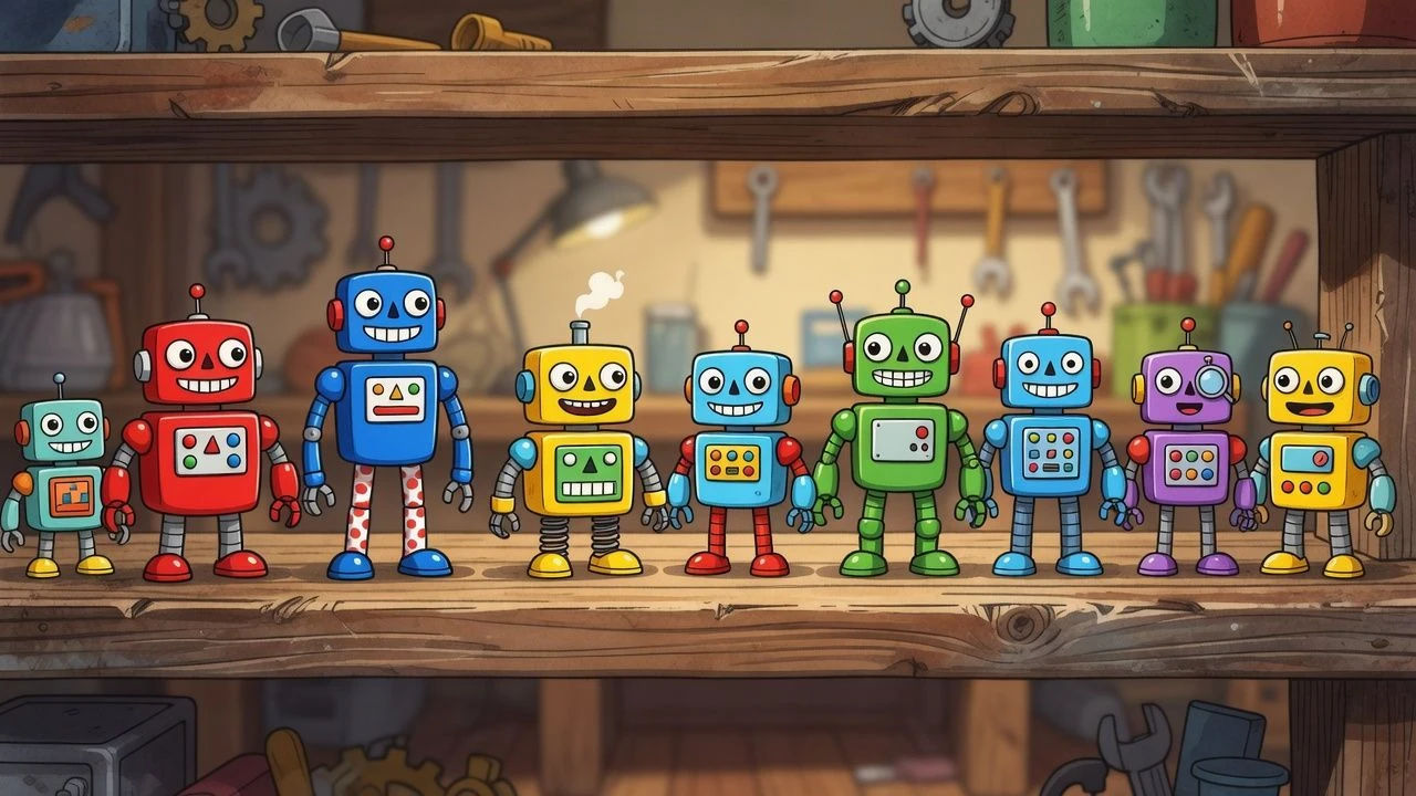 Row of colorful cartoon robots on a workshop shelf
