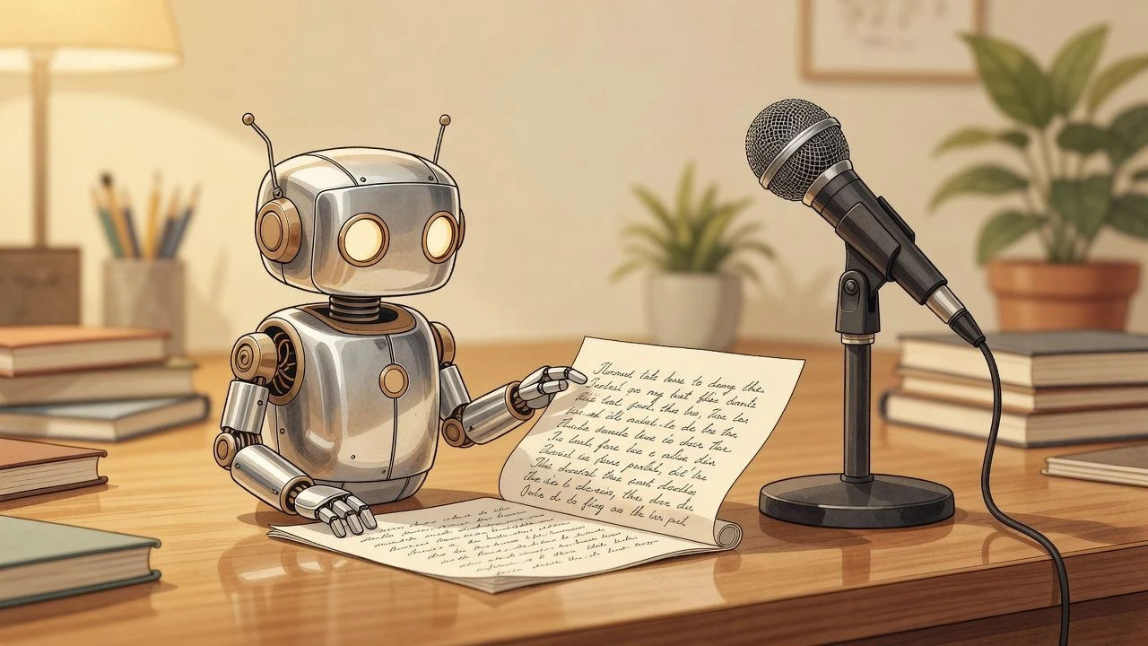 Small desktop robot beside a script and a microphone