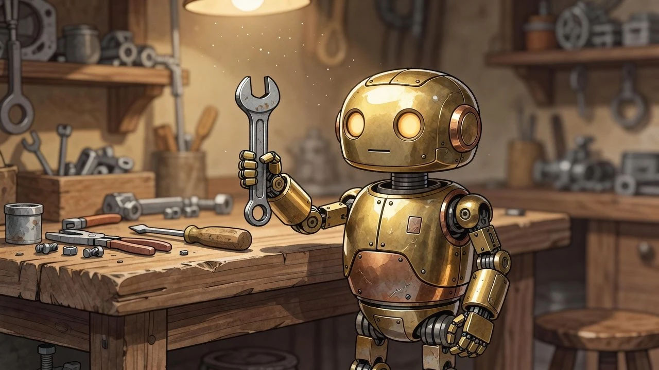 Little robot holding a wrench beside a workbench