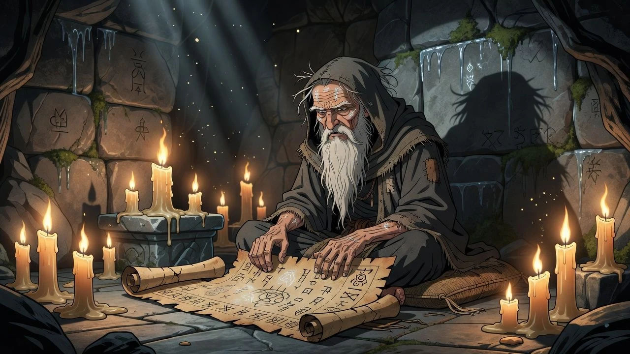 Ancient cartoon oracle lit by candlelight in a stone chamber