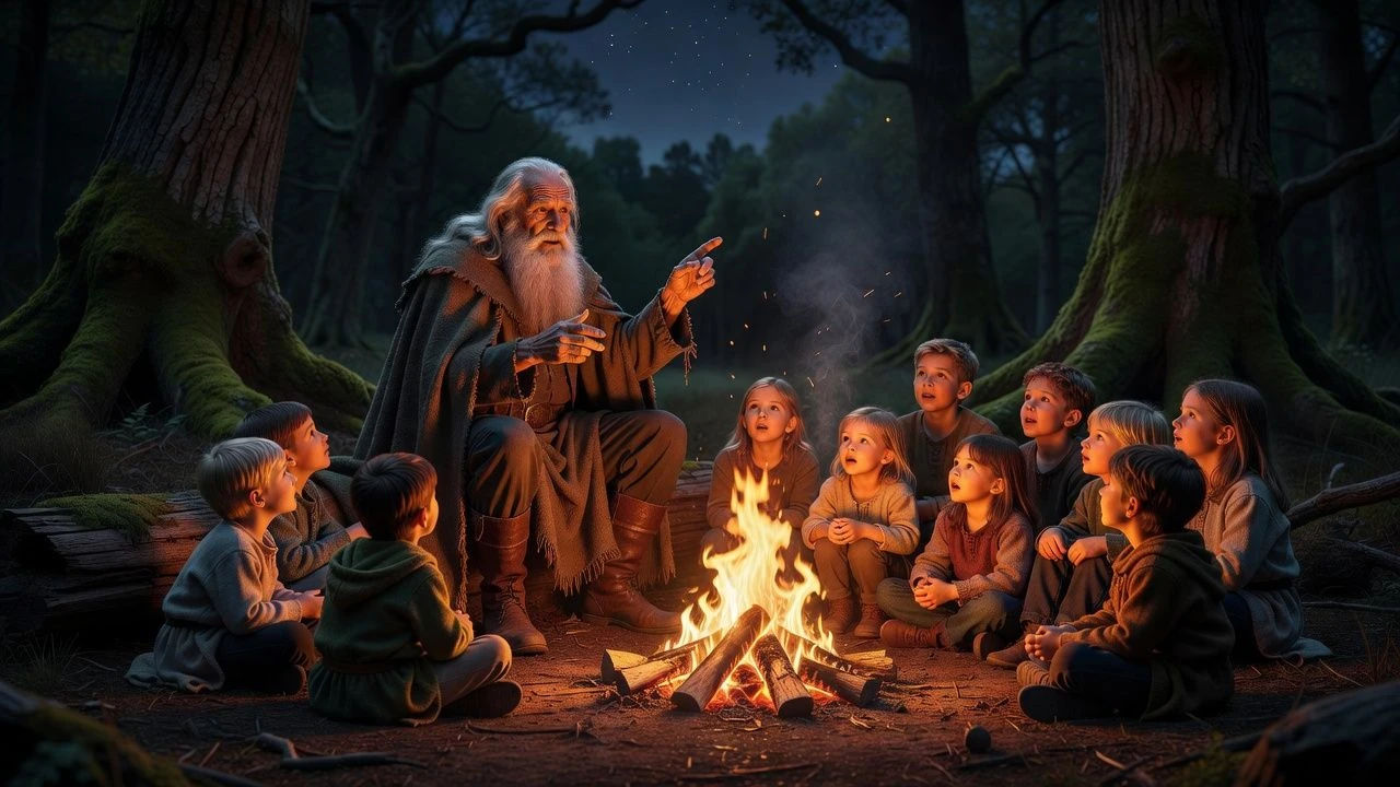 Old storyteller surrounded by children beside a fire