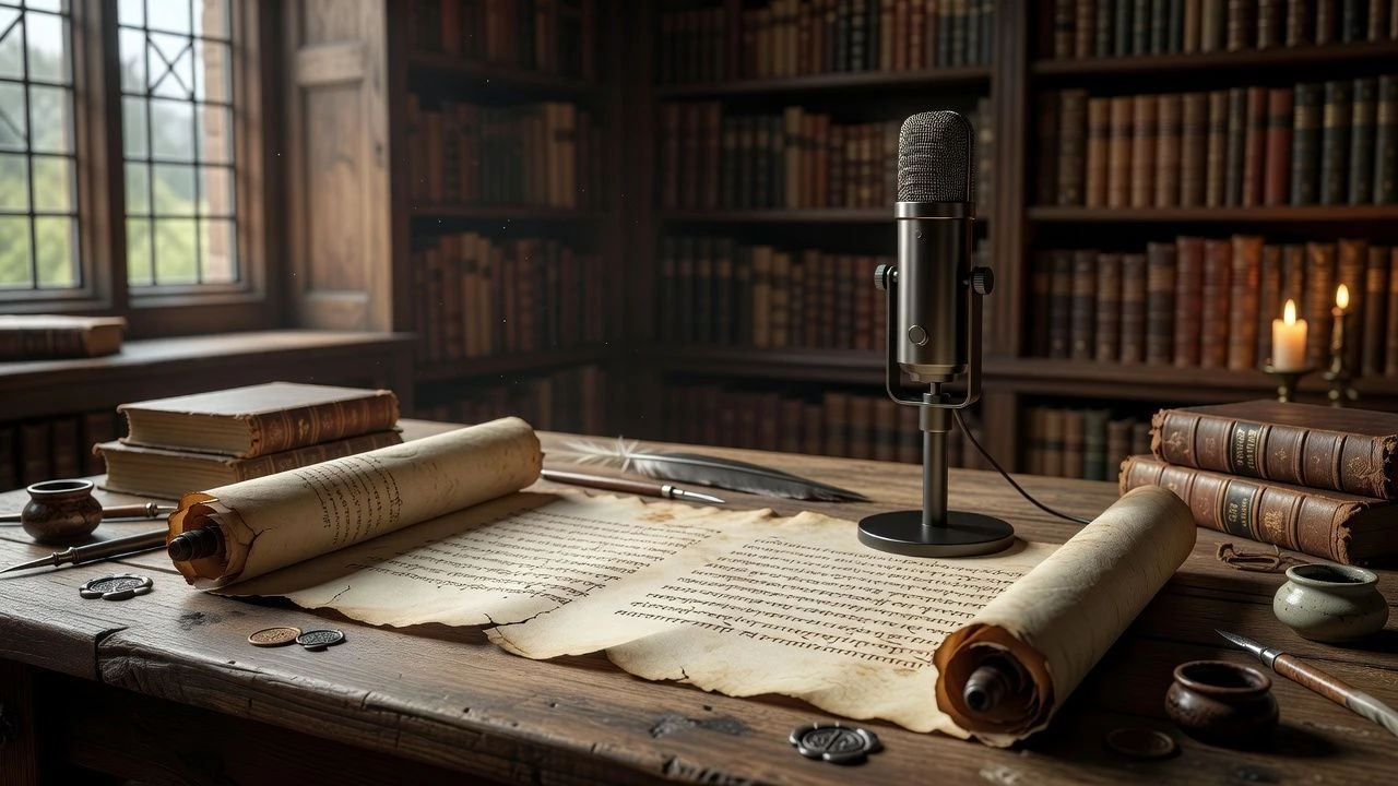 Ancient scroll unrolled on a table beside a microphone