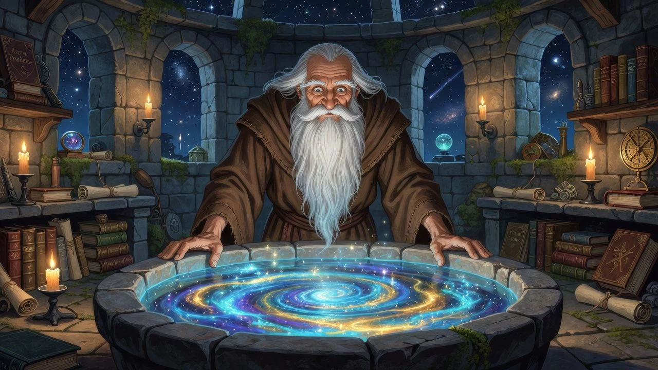 Robed cartoon seer gazing into a glowing basin of water