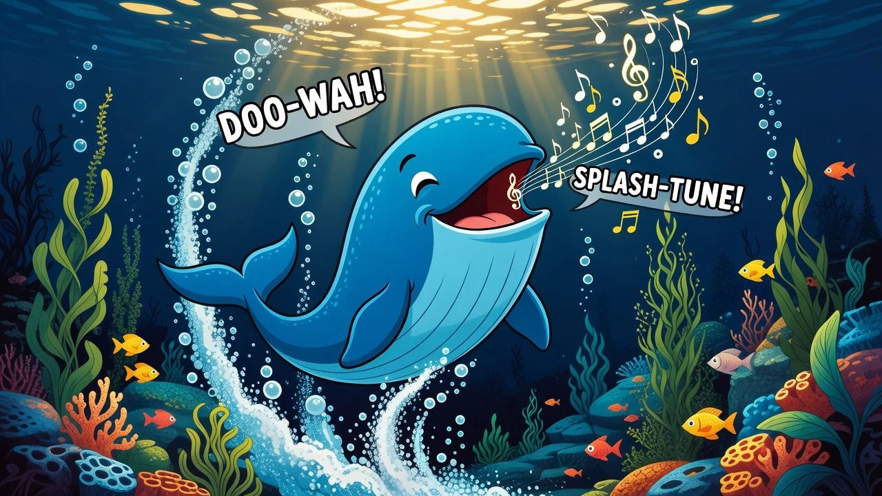 Great cartoon whale mid-song rising through deep blue water