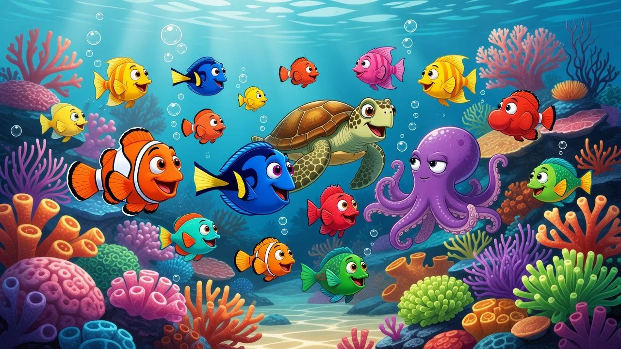 School of cartoon sea creatures gliding past a coral reef