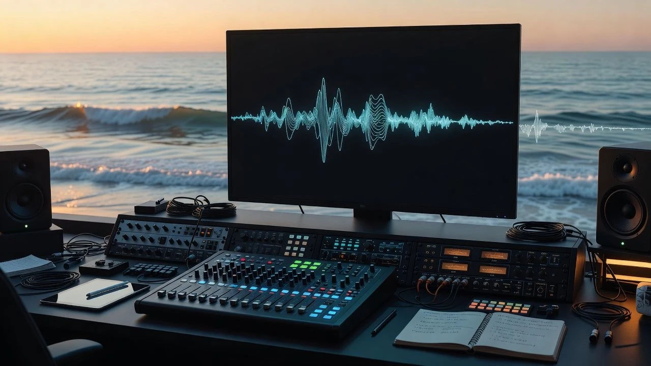 Sound design desk with an ocean scene and waveform screen