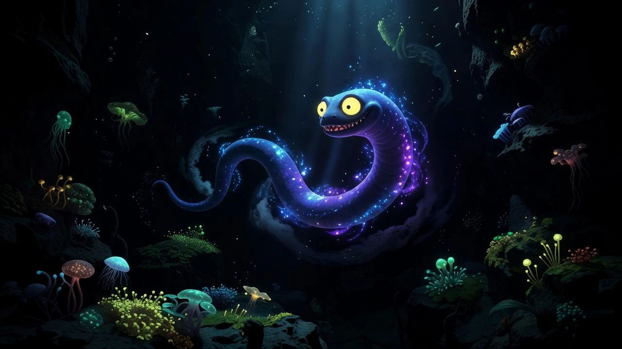 Glowing cartoon abyss eel weaving through dark water