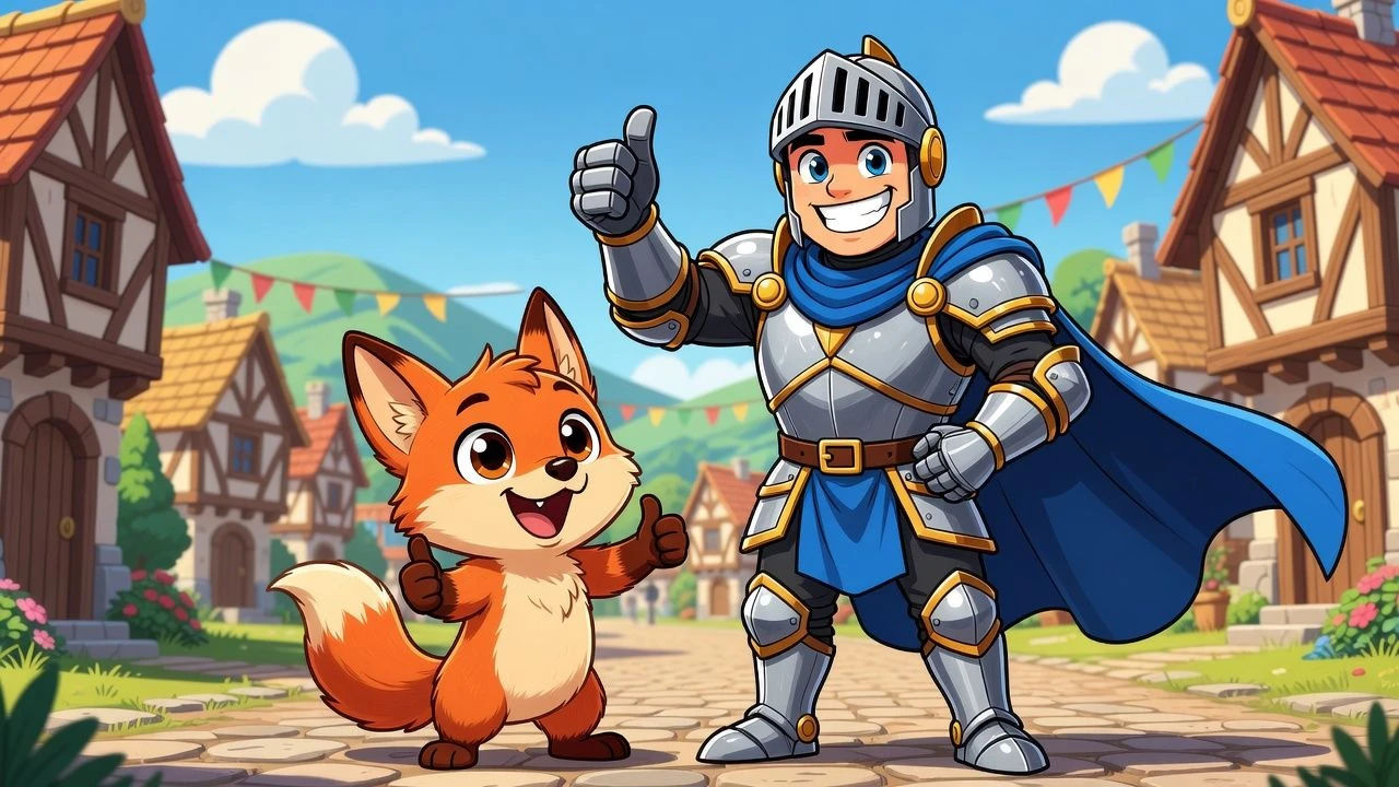 Cheerful cartoon companion giving a thumbs up beside a hero