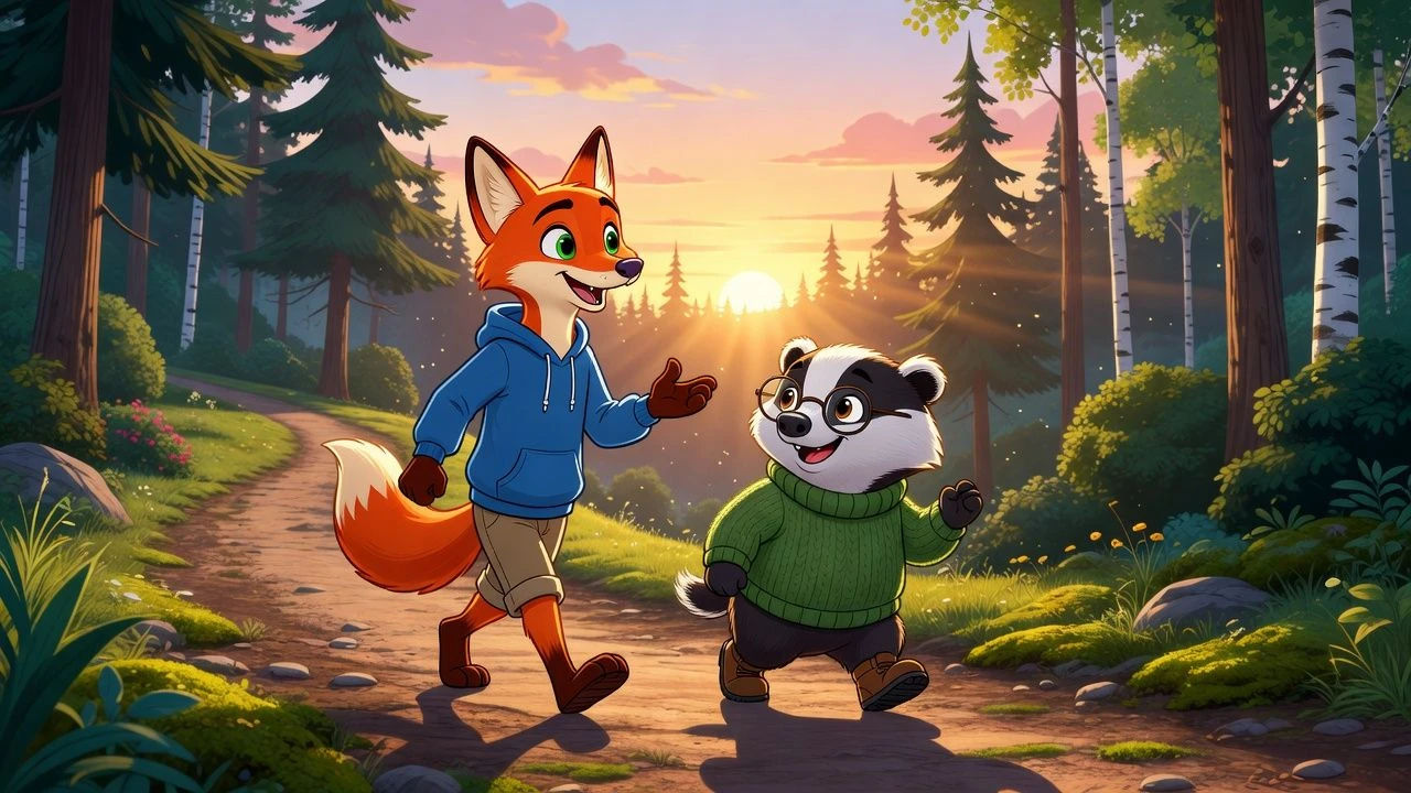 Two cartoon friends walking a trail together at sunrise