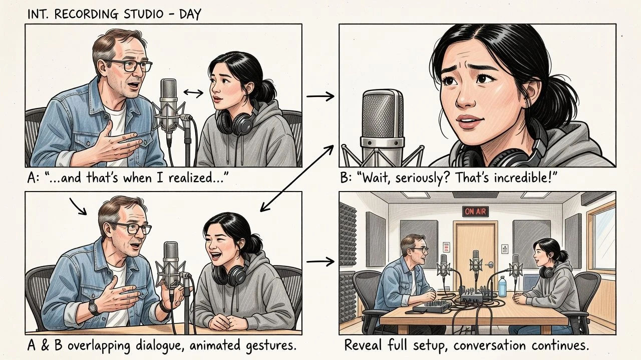 Storyboard of two characters mid conversation near a mic
