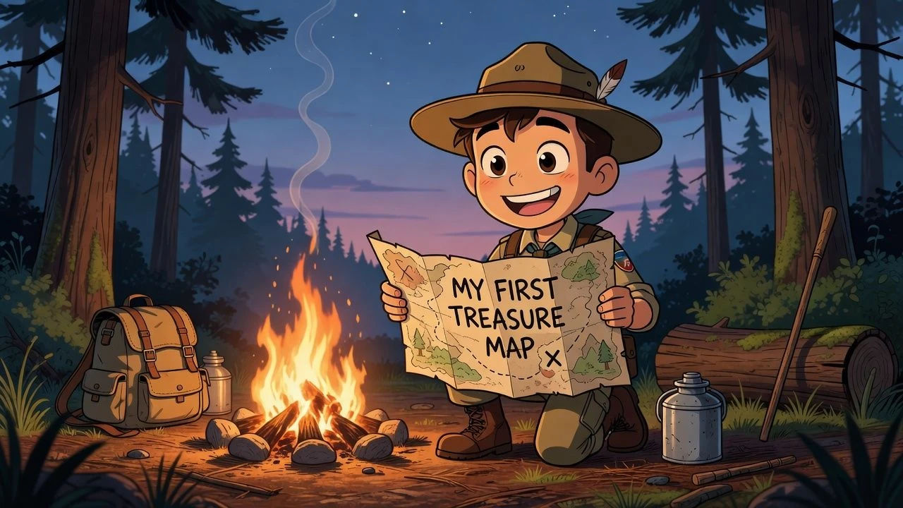 Eager cartoon rookie holding a map beside a campfire