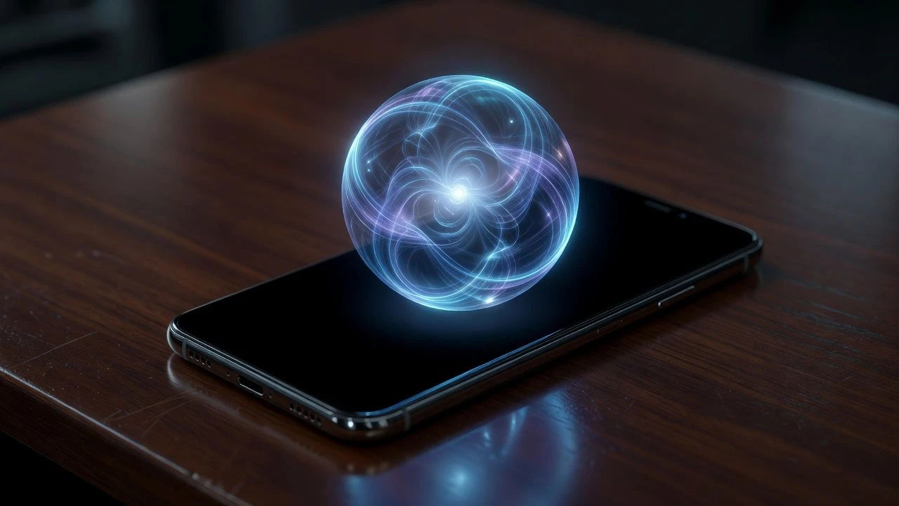 Phone screen with a glowing assistant orb mid-reply