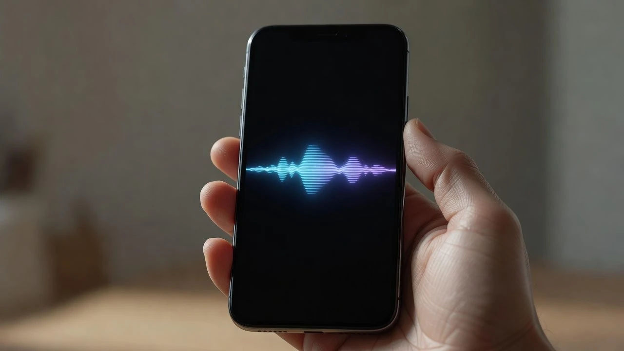 Hand holding a phone with an assistant waveform on screen