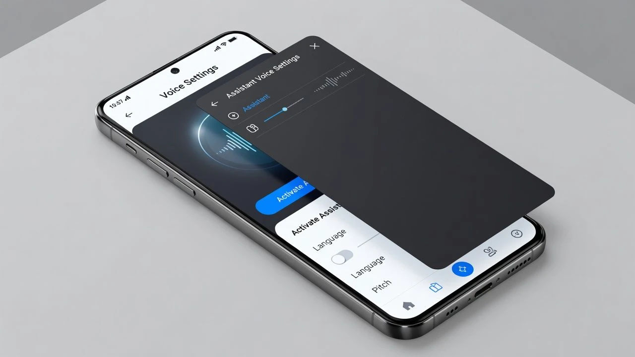 App mockup with an assistant voice settings panel open