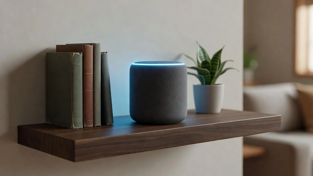 Smart speaker on a shelf with a glowing light ring
