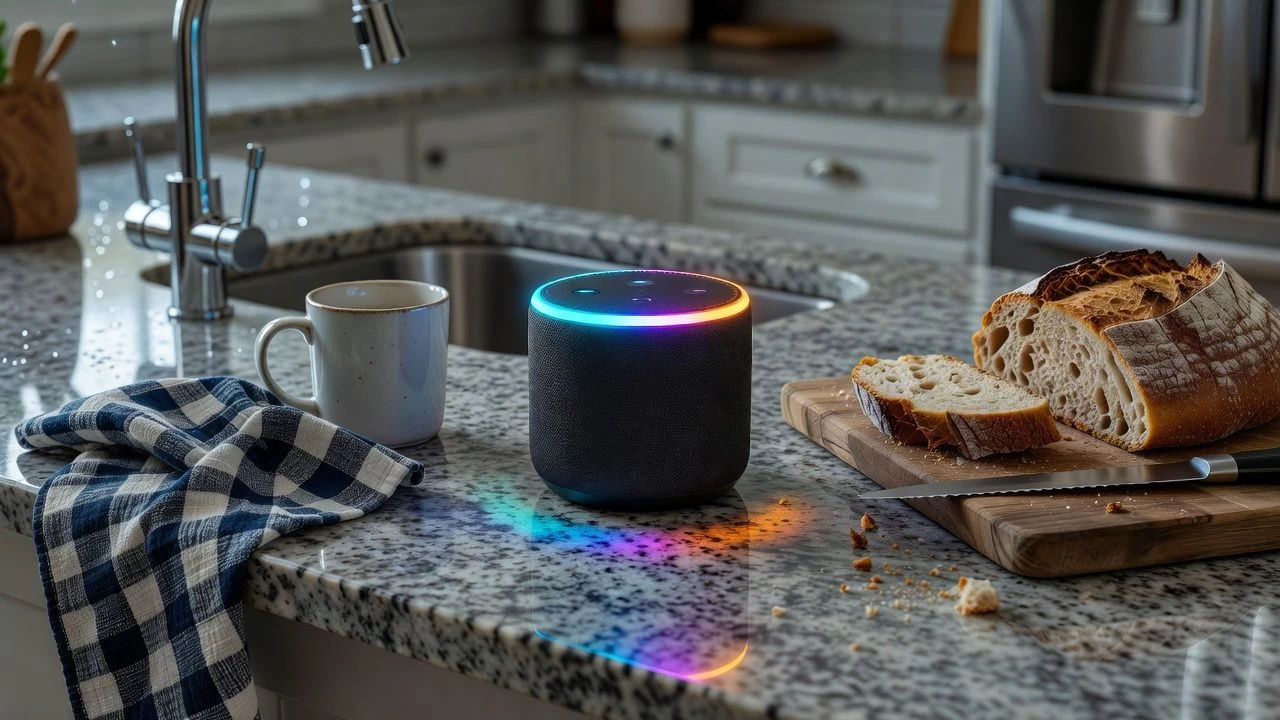 Kitchen counter with a smart speaker mid-response