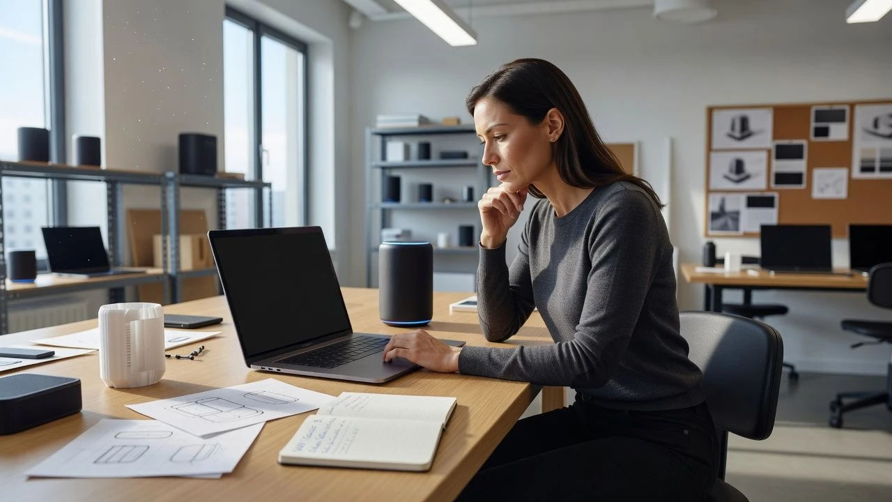 Designer previewing a speaker voice reply on a laptop