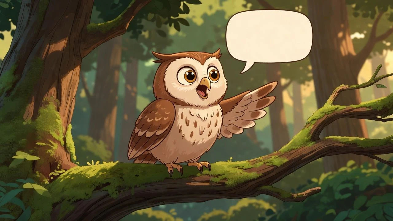Cartoon owl mid-speech perched on a mossy branch