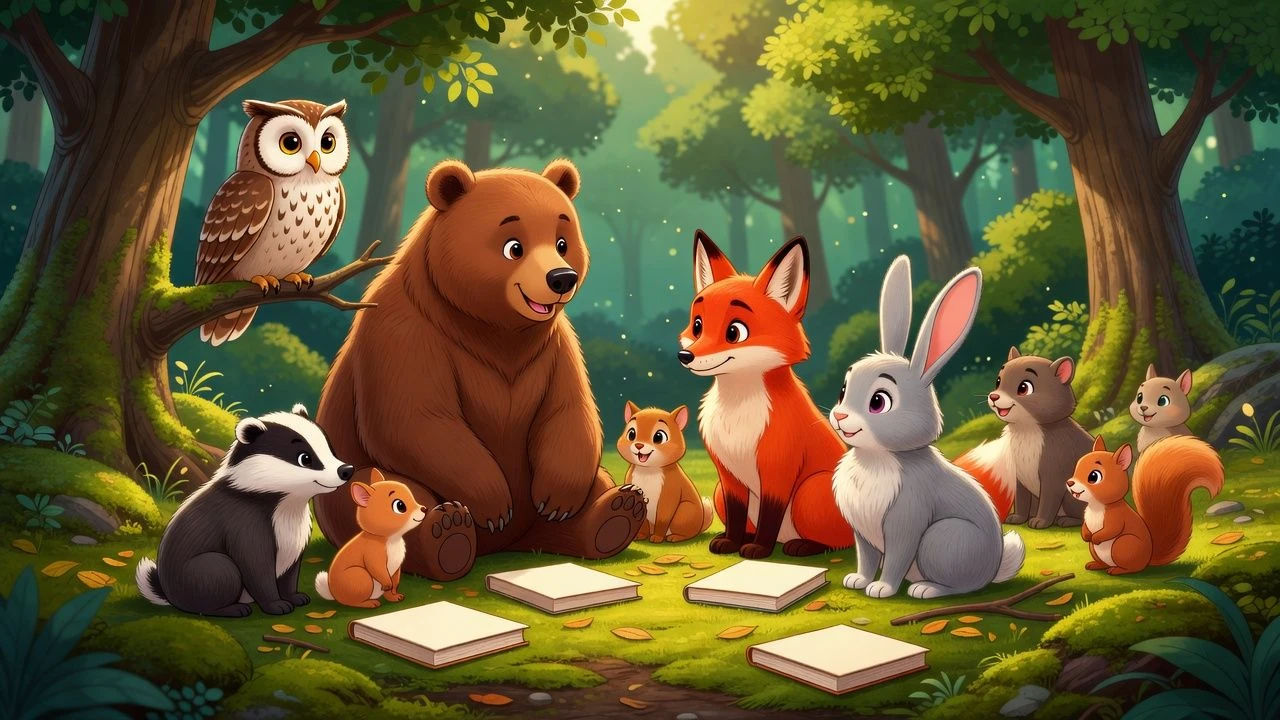Group of woodland cartoon animals gathered in a clearing