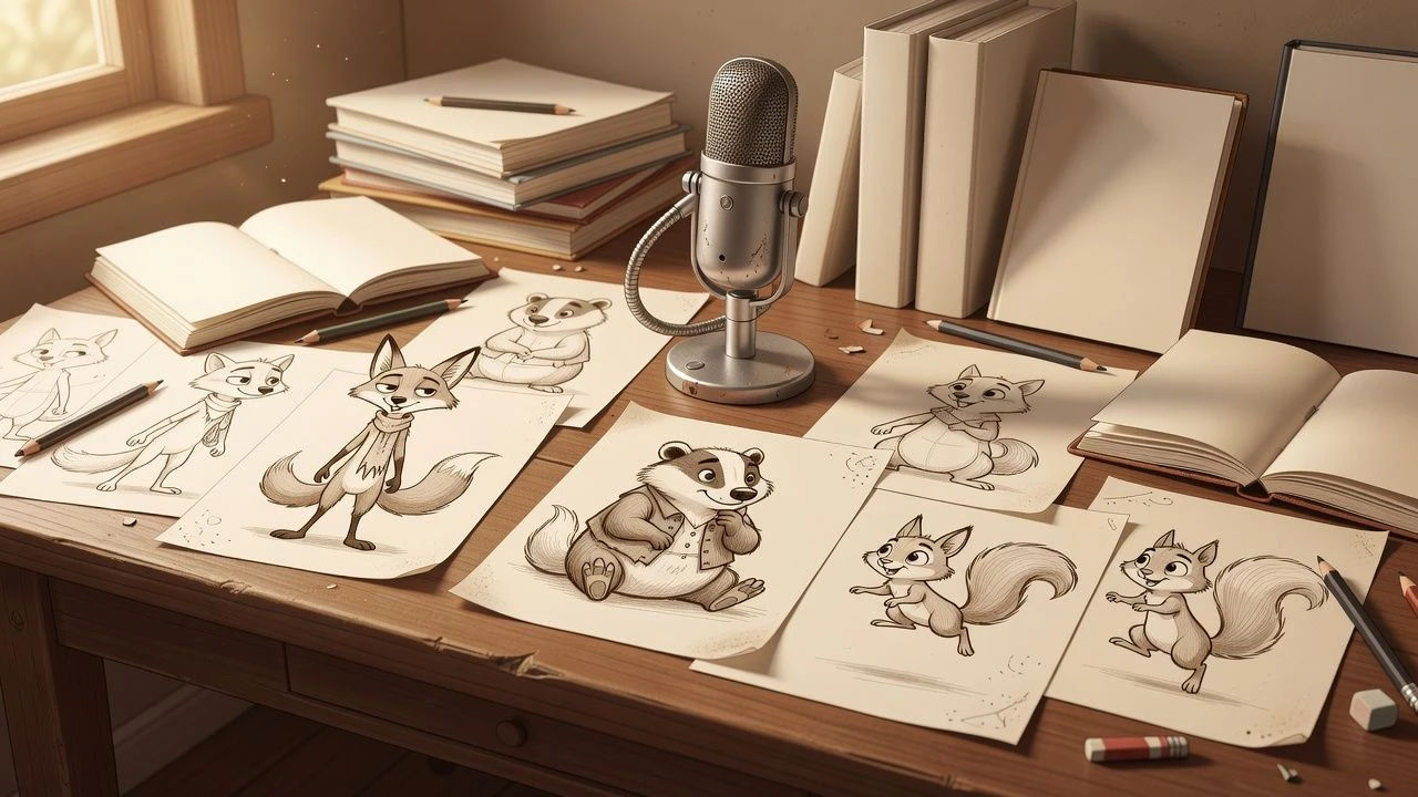 Storyboard desk with animal character sketches and a mic