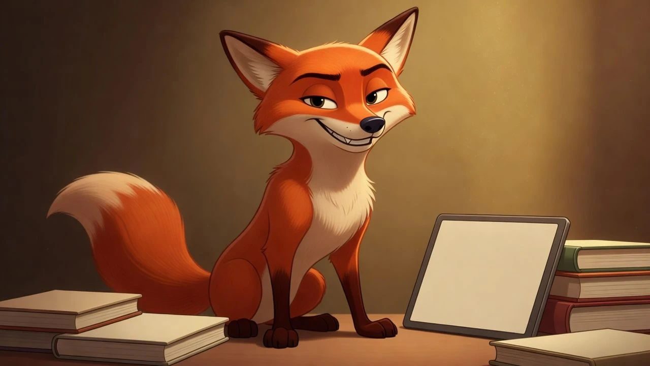 Sly cartoon fox leaning in with a knowing grin
